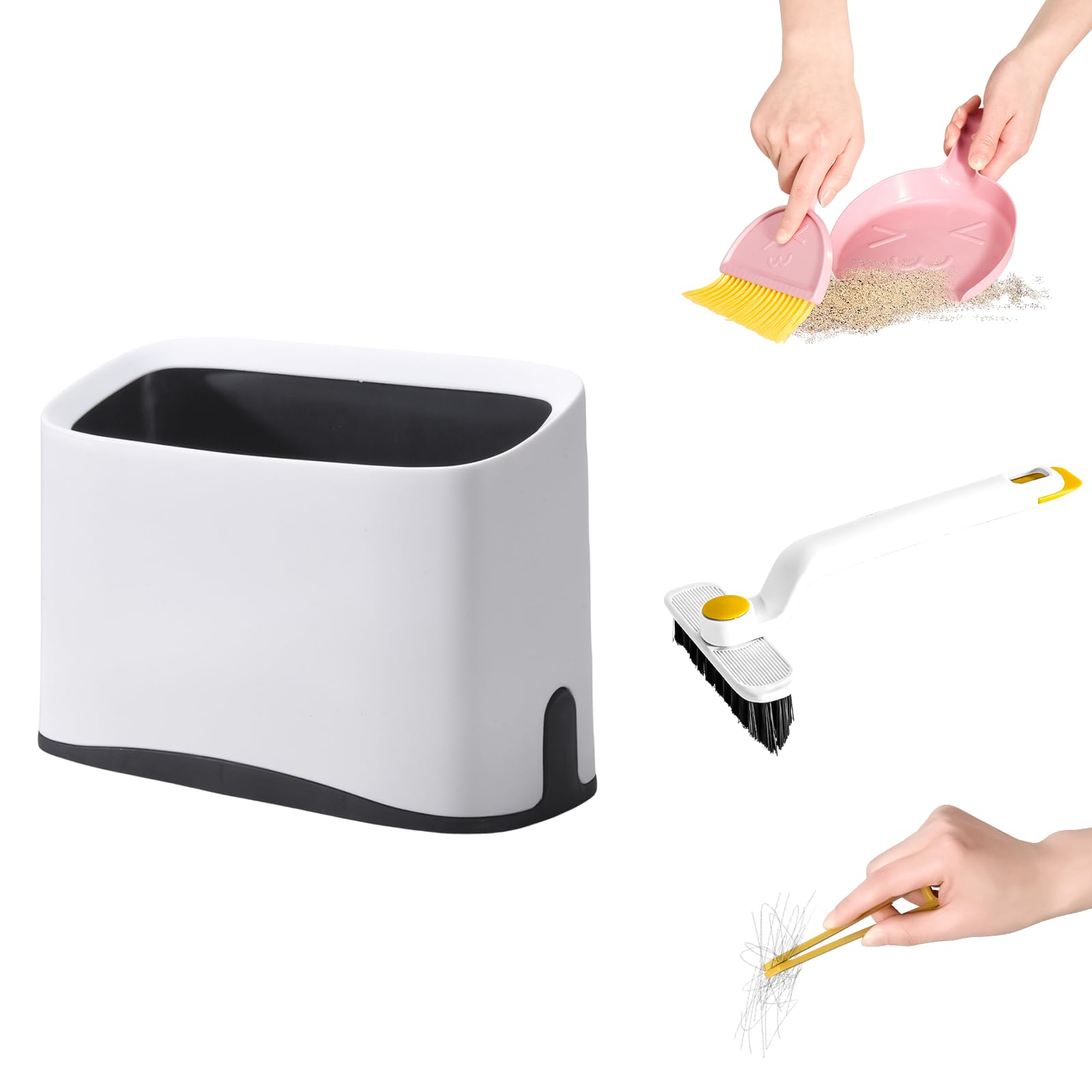 Litter Scoop Holder with Clean Kit,2-in-1 Mini Broom & Dustpan for Scattered Litter Food & Counter Trash,Cleaning Brush for Litter Box, Corners & Crevices with Built-in Tweezers to Remove Hair & Clogs