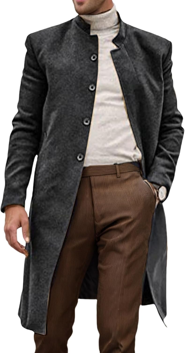 Mens Casual Trench Coat Winter Wool Blend Long Jacket Single Breasted Notched Collar Pea Coat Slim Fit Thick Overcoat