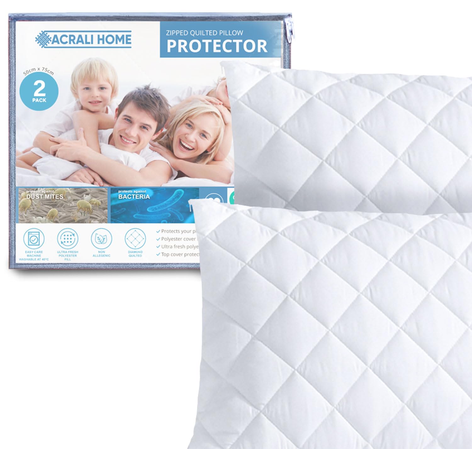 ACRALI HOME Quilted Pillow Protectors 2 Pack Zipped - 50x75 cm Hypoallergenic Pillowcase Protectors - Soft & Breathable Luxurious Pillow Cover for Comfortable Sleep