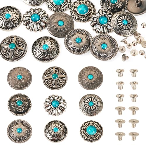 18 Sets Leather Decorative Conchos Turquoise Decorative Buttons Metal Rapid Rivet Vintage Western Leather Replacement Buckles for DIY Belt Purse Bag Crafts