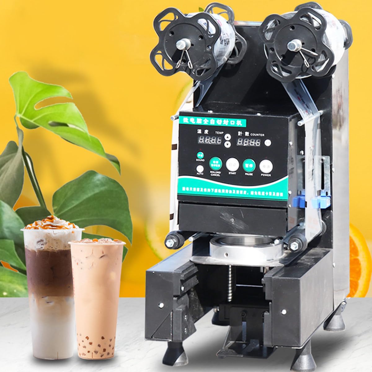 Selladora Automática De 50 A 400 Tazas/Hora con Control Digital para Leche, Té Y Café. Modo Manual Y Automático Dual. Selladora para Vasos De Papel PP Y Pet. Color Blanco-Black