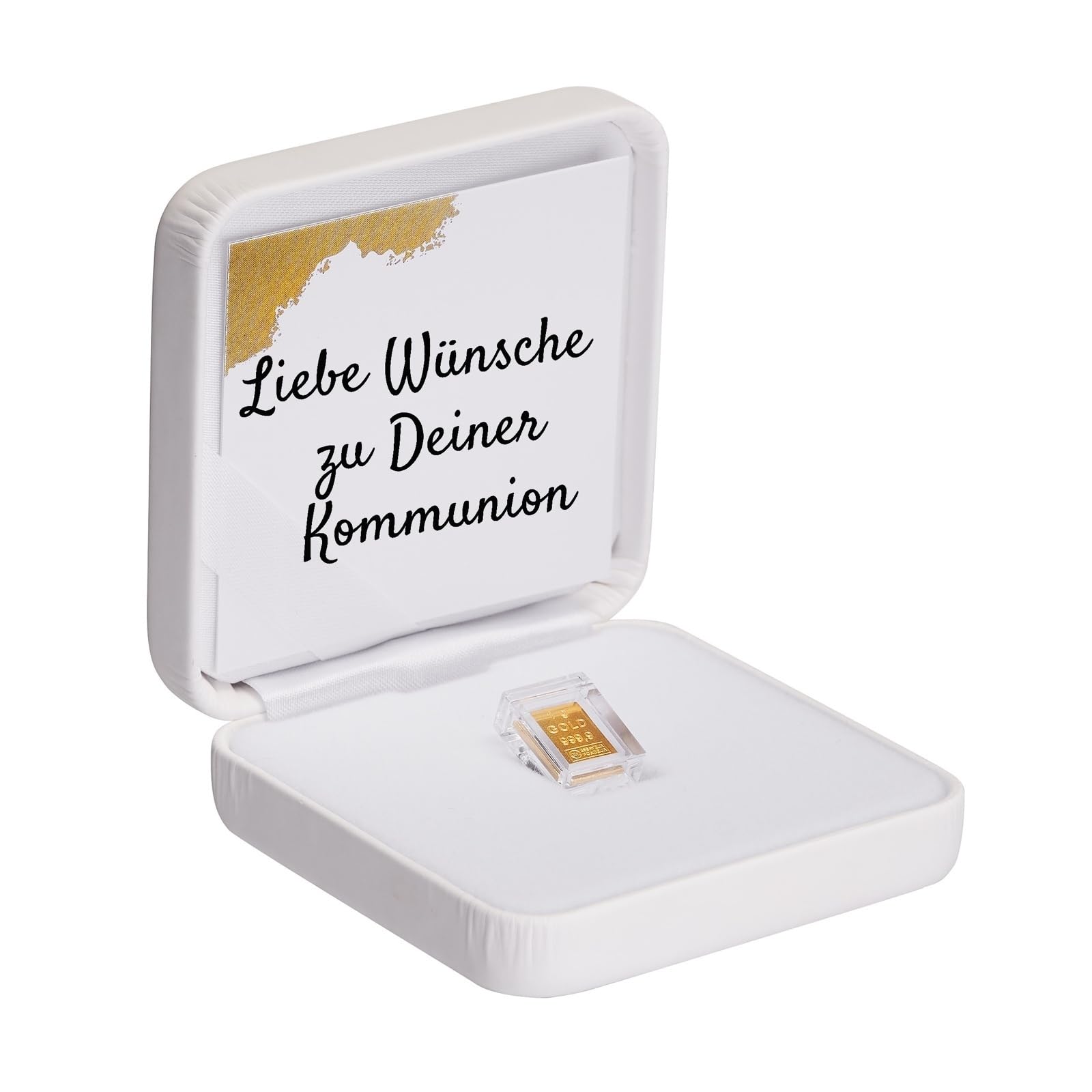Goldstücke24 - Geschenk zur Kommunion - Goldbarren 1g in hochwertiger Kapsel inkl. Etui (weiß) und Grußkarte - Gold zur Kommunion verschenken