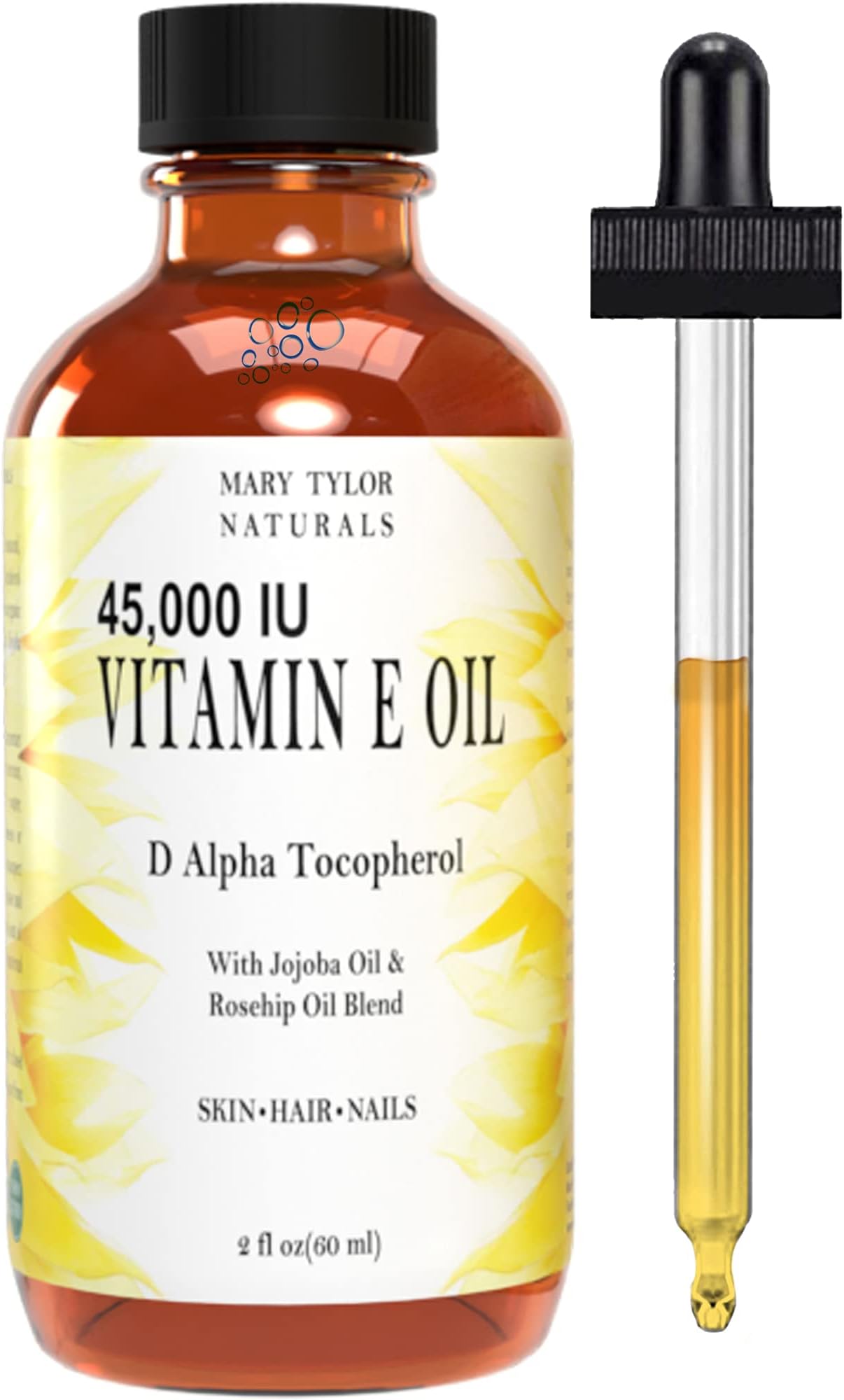 Mary Tylor Naturals Vitamin E Oil 2 oz — 45,000 IU D-Alpha Tocopherol — can be Used for Face, Skin Body, Hair & Nails — DIY