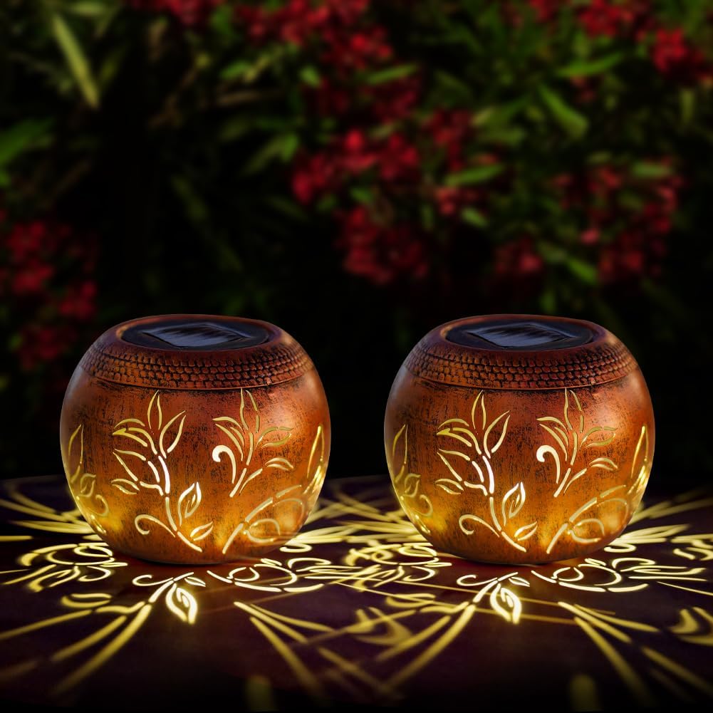2 Pack Solar Lanterns Outdoor Waterproof, LED Hollow Out Flower Pattern Solar Lantern, Metal Decorative Solar Lanterns Outdoor for Desk Patio Garden Pathway