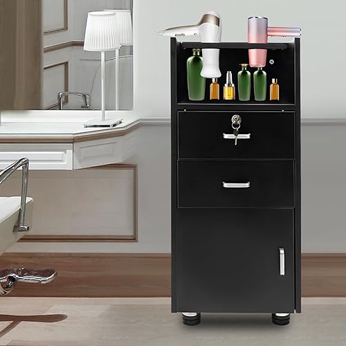 Miniatura 8 de LOHISHILO Gabinete de almacenamiento de 5 capas para estaciones de peluquería con cajón y ruedas, 2 soportes para secador de pelo, para estilista,