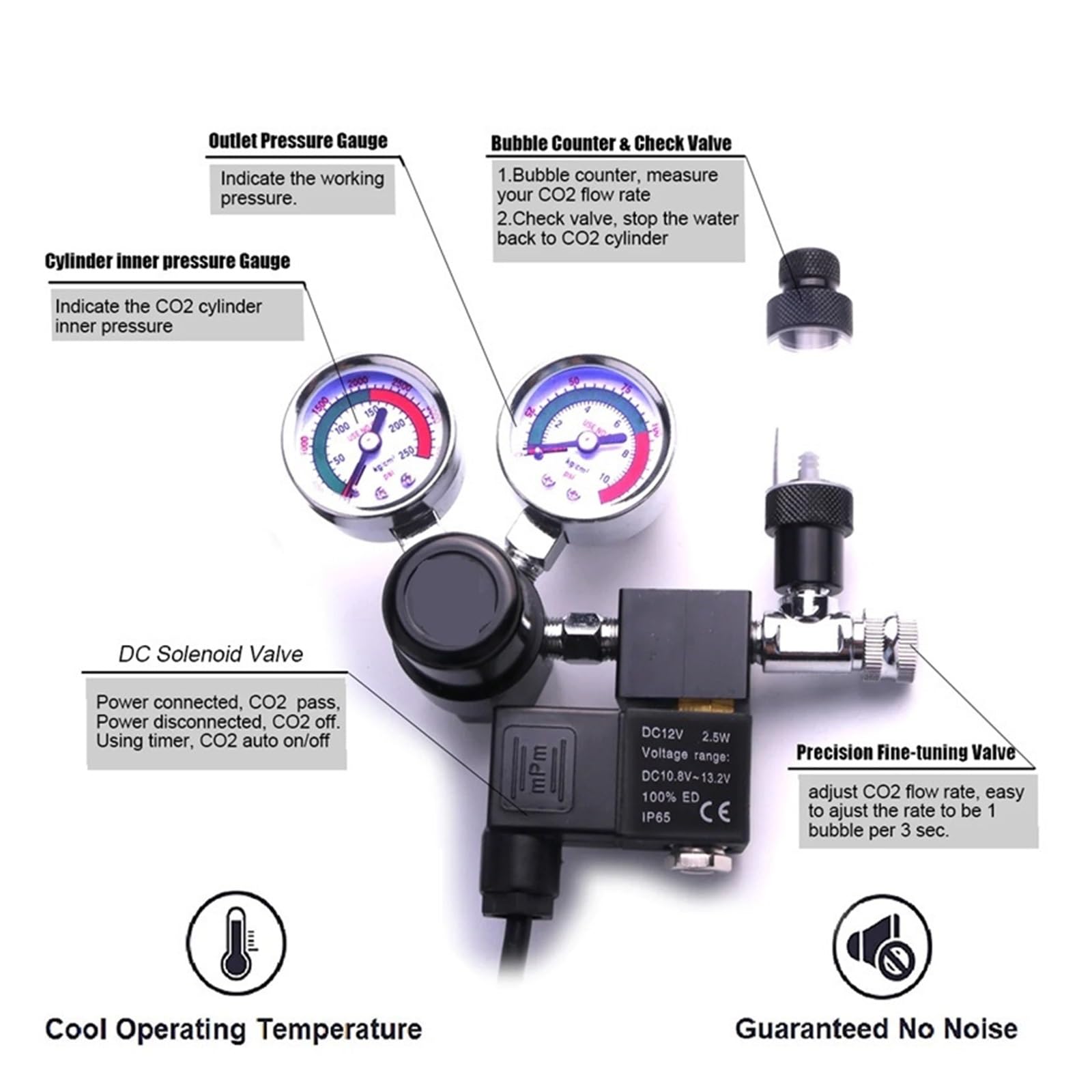 Regulador de Co2 Calibre Grande una Sola Etapa, Accesorios for Acuario, pecera, Cilindro, Tanque, Contador Burbujas, Reductor dióxido Carbono Fis(W218)