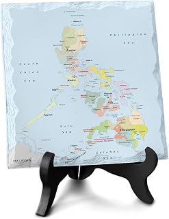 Philippines Map with Blue Ocean Ceramics Plaques Gift for Women/Men, Asian Area Table Decoration Plaque with Wooden Stand, Decorative Desk Sign for Office, Bedroom