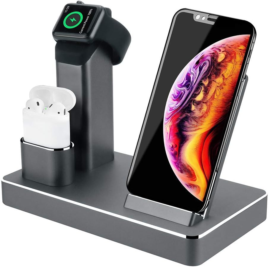 ZIKU Wireless Charger.6 in 1 Aluminum Alloy 80W 14A 5-Port USB Wireless Charging Stand Station Dock for Airpods/Apple Watch 5/4/3/2/iPhone SE/11 Pro Max/X/XS/XR/Xs Max/8/8 Plus-Built-in Adapter (Gray)
