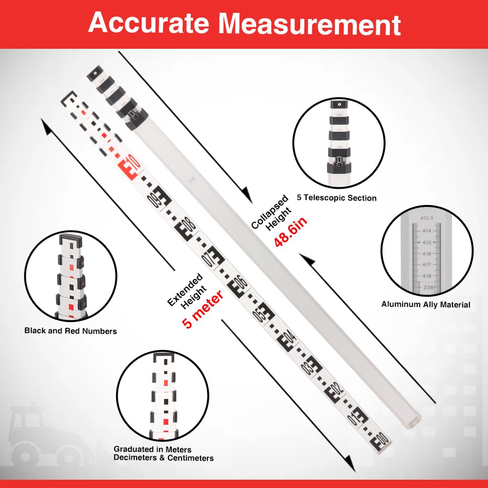 Mountlaser 5m Professional Aluminium Leveling Rod, Single-Sided Metric Scale with Height Measurement - Image 2