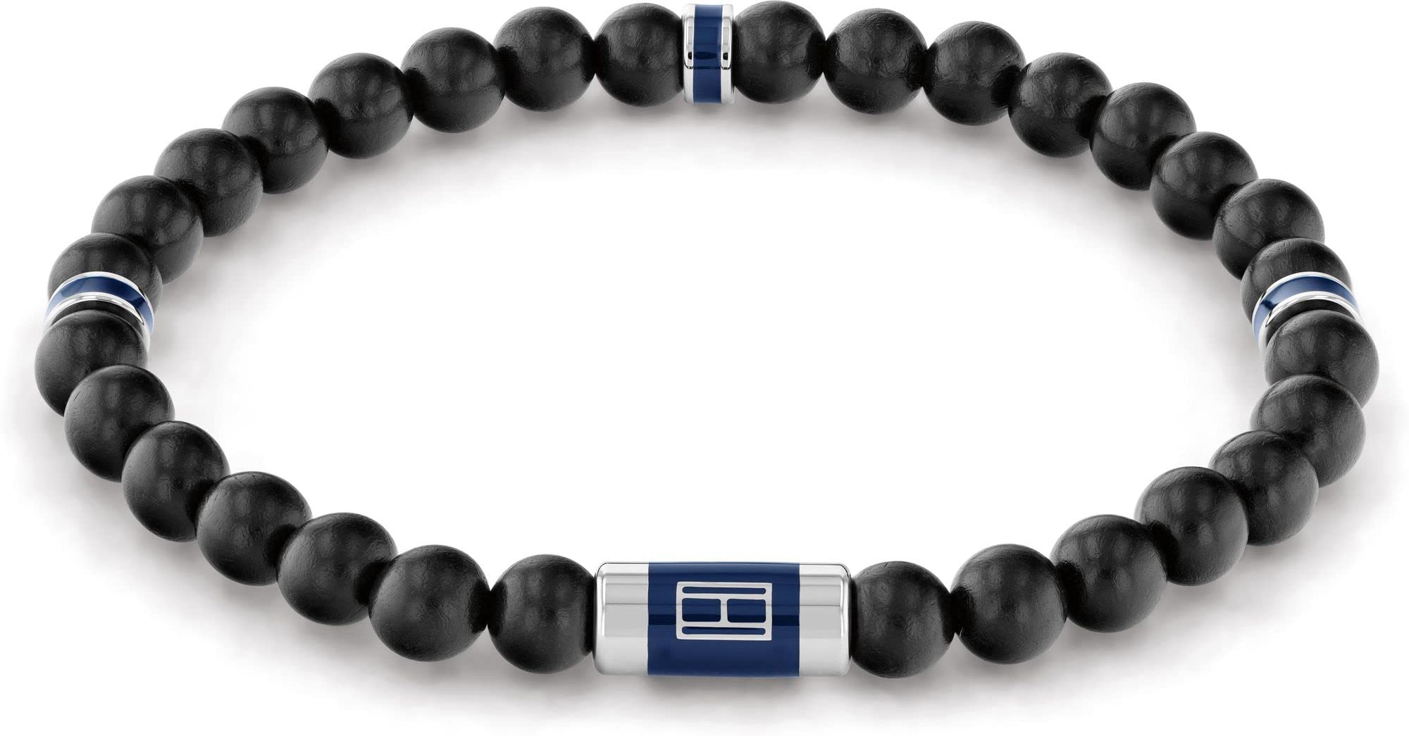 Tommy Hilfiger Herren Armband mit schwarzen Perlen aus Holz, Gummiband, mit Detail aus Edelstahl, Maße: Länge: 18 cm, 2790323