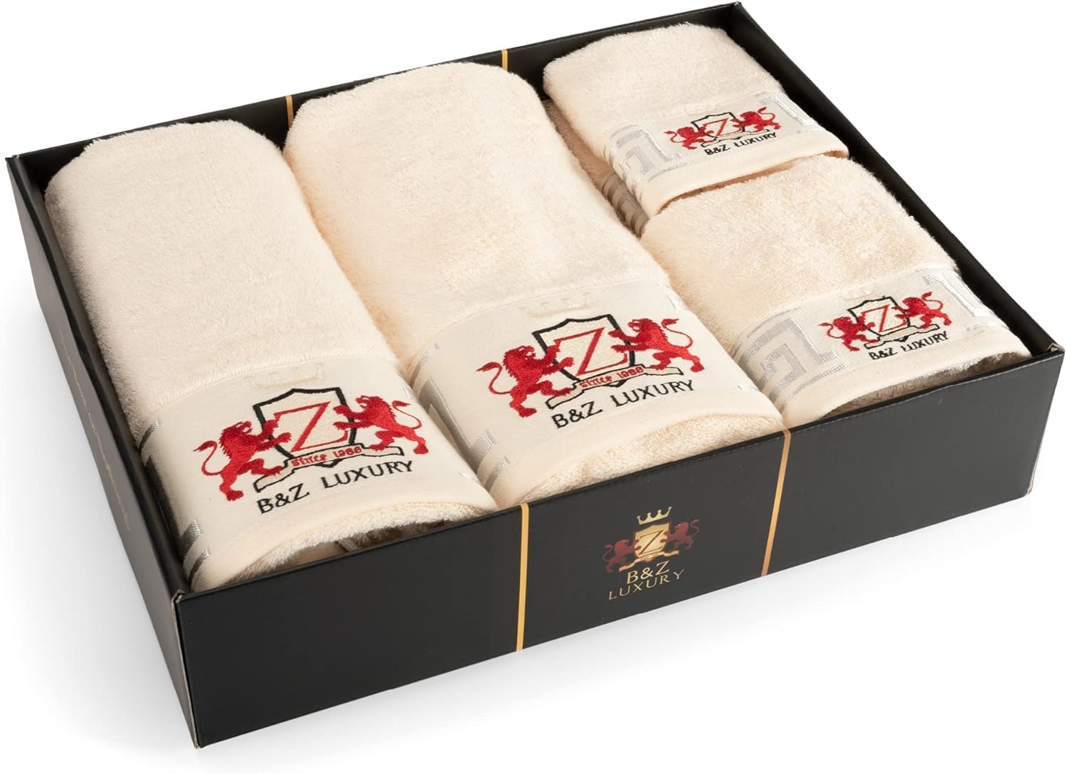 BZ Luxury Lot Serviette Crème 8 pièces –2 Serviettes de Douche 2 Serviette pour Le Visage 4 Gants | Bambou & Coton–Douces absorbantes & durables –pour Salle de Bain invités Spa |Certifiées Oeko-TEX