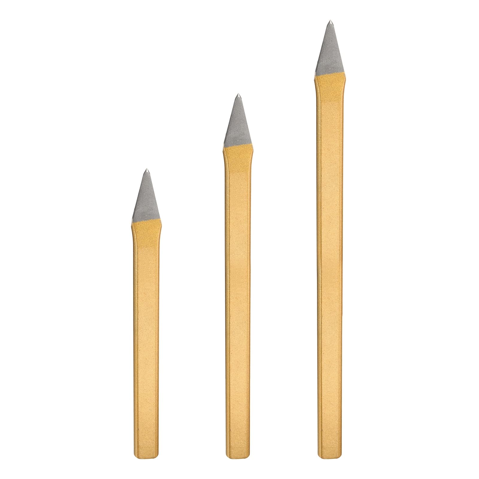 sourcing map 3pcs Cold Chisel 2/3" Wide 8+10+12" Long Alloy Steel High Hardness Heat Treated Heavy Duty Point Cold Chisel for Cutting Rivets Iron Steel Bronze Copper Rods Bolts, Gold Gray