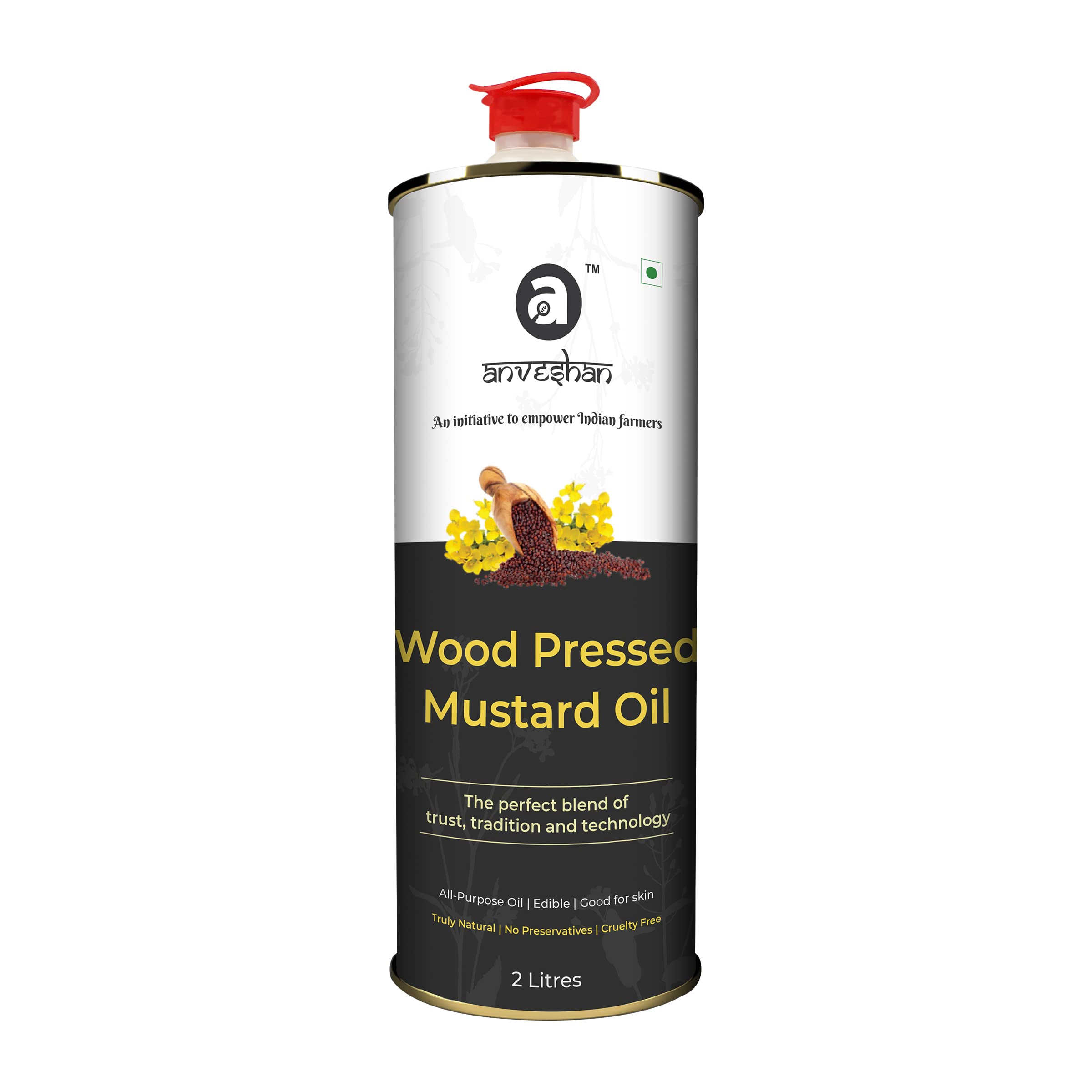 Anveshan Empowering farmers with technologyAnveshan Wood Pressed Black Mustard Oil - 2 Litre | Tin Can | Kolhu/ Kacchi Ghani/ Chekku | Natural | Chemical-Free | Cold Pressed Mustard Oil for Cooking