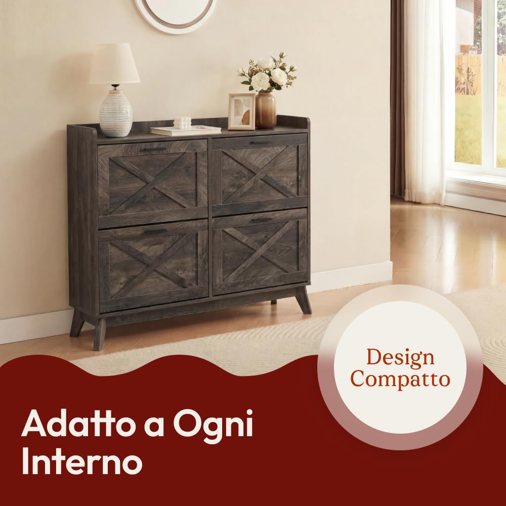CASABEL Scarpiera 4 Ribalte, Frontali con motivo a croce, Legno Scuro, Design Funzionale, Grande Capacità 24 Paia, Mobile Pratico per Corridoio, Ingresso o Soggiorno, 114x24x96 cm