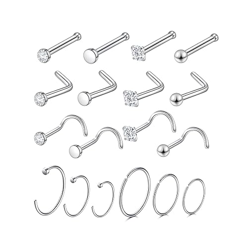 Surgical Steel Nose Piercing Jewelry - 20G & 18G Nose Rings & Studs, Hoops 8mm-12mm, CZ Diamond 1.5mm-3mm, L-Shaped & Hoop Styles for Women & Men - 20G / Silver / Surgical Steel / 18PCS