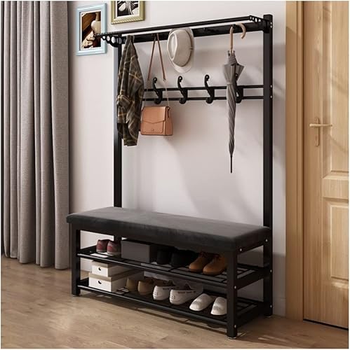 coat stand Clothes Rail 4 in 1 Wardrobe Shoe Bench with 15 Hooks Industrial Entryway Coat Rack Metal Accent Furniture with Metal Frame Easy Assembly