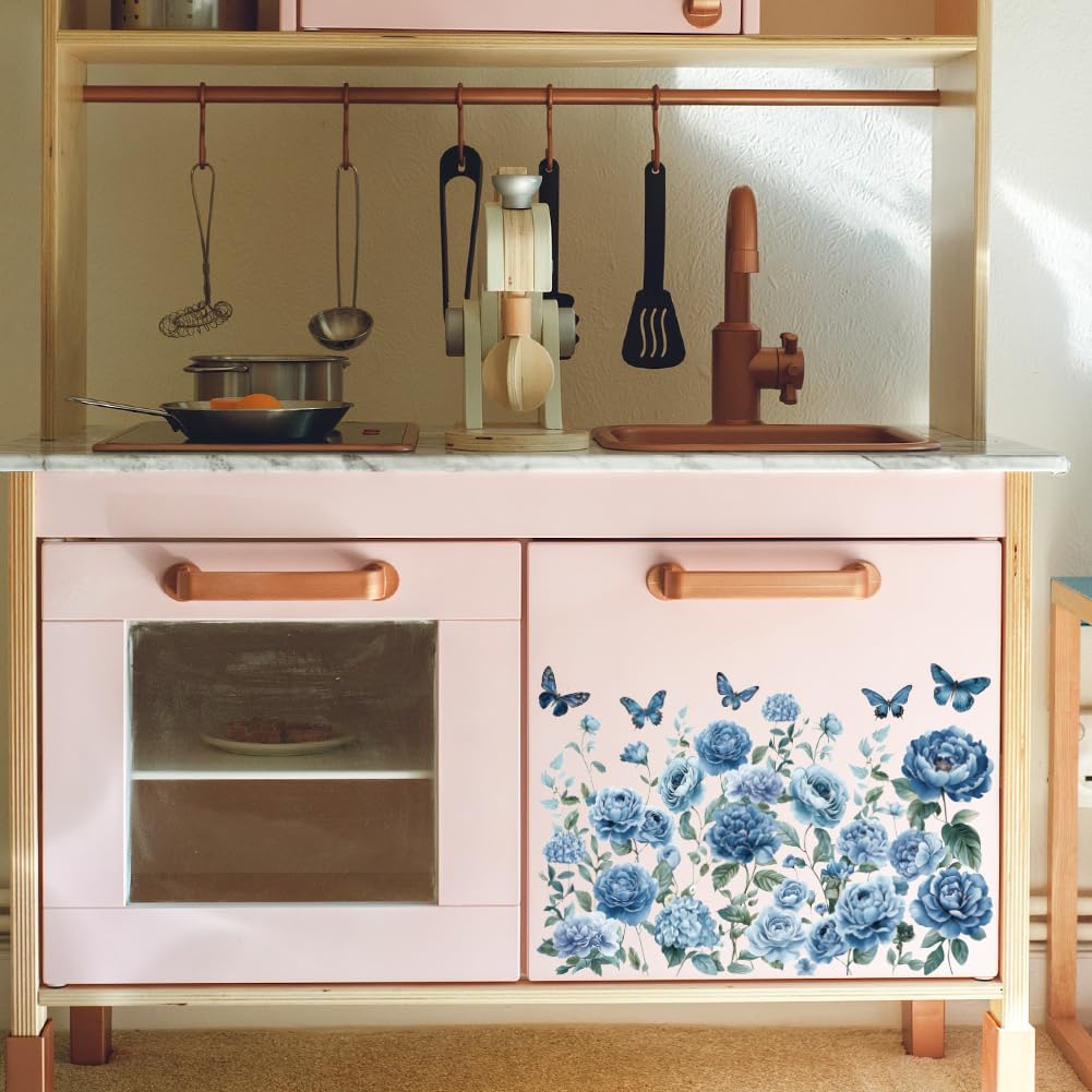 OLYCRAFT Set da 6 pezzi di fiori blu verdi strofinano sui trasferimenti per mobili e mestieri 15 x 30 cm farfalle decalcomanie per mobili decalcomanie per mobili e piante adesivi trasferimento con 1