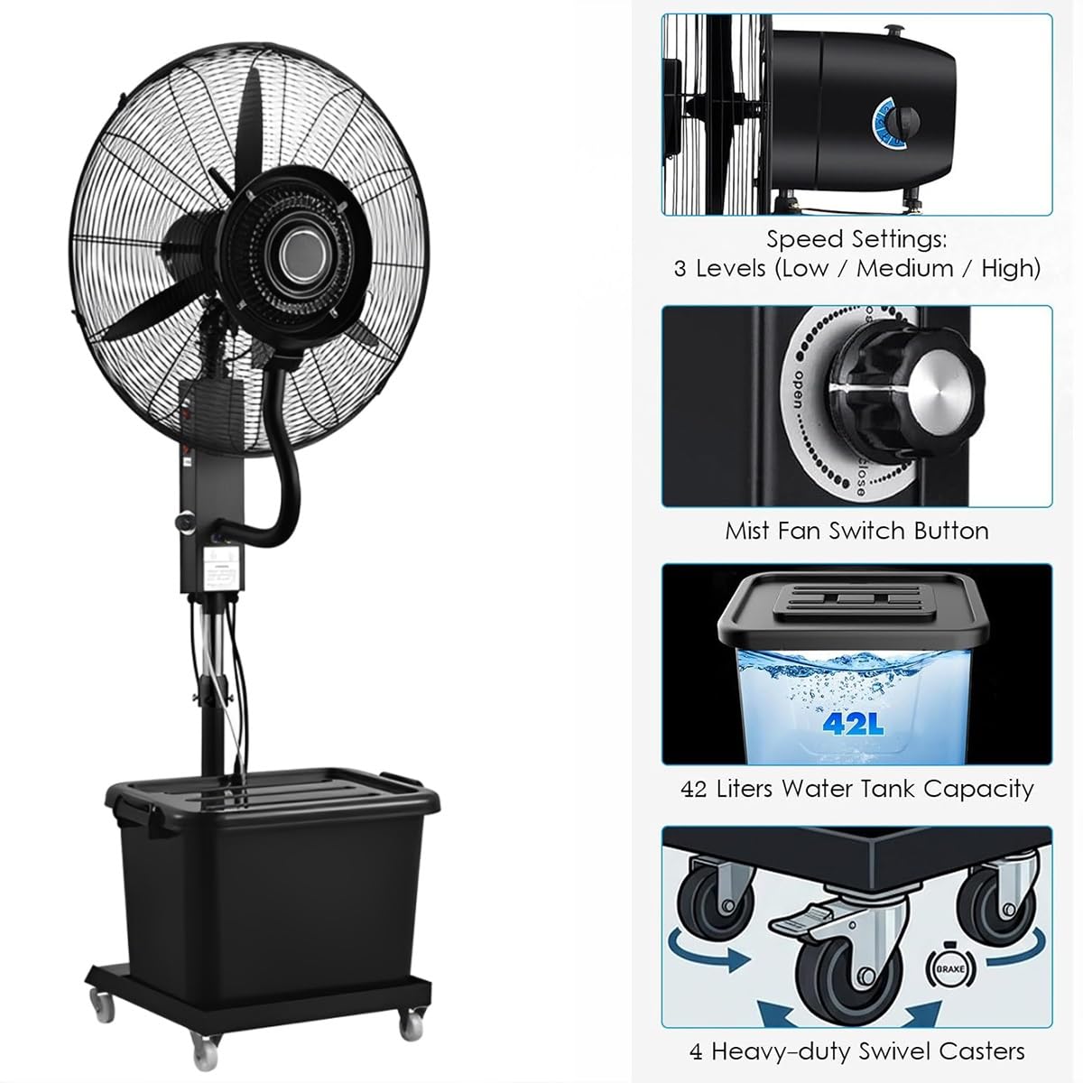 Ventilador de nebulización industrial - 3 velocidades ajustables, oscilación de 90°, 160-200 cm de altura, refrigeración exterior para patio, taller, invernadero