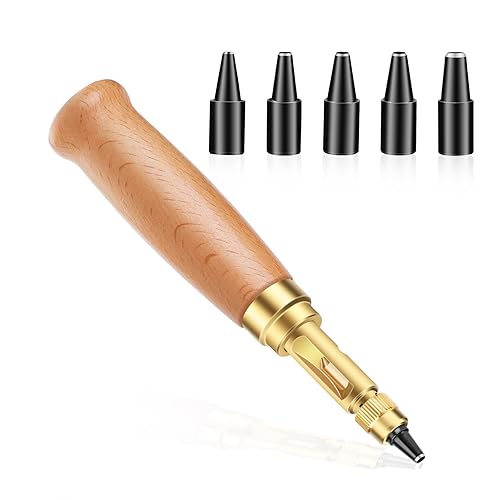 Miniatura 8 de TLKKUE Perforadora de agujero de tornillo ajustable, herramienta automática con mango de madera negra, herramienta de encuadernación de cuero, con 6