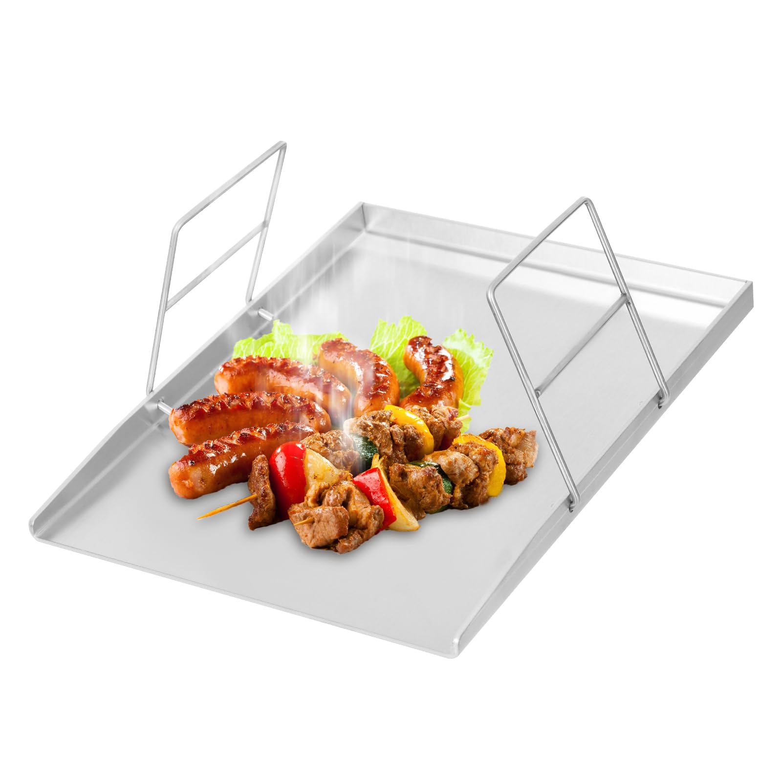 Plancha plana de acero inoxidable de 40 x 30 cm con asas y agujeros, 4 mm de grosor, apta para lavavajillas e inoxidable, parrilla duradera para carne, pescado, tortillas para carbón vegetal, barbacoa