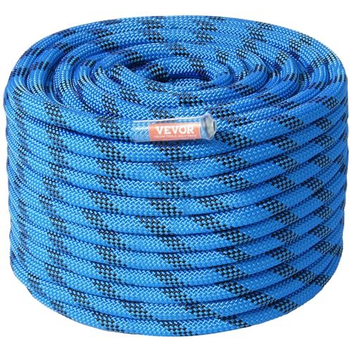 VEVOR 12.7mm Static Climbing Rope, 60.9M(200ft) Outdoor Rock Climbing Rope 30KN Breaking Tension, Fiber Rope with Steel Snap Hooks for Escape, Rappelling, Fire Rescue, Blue