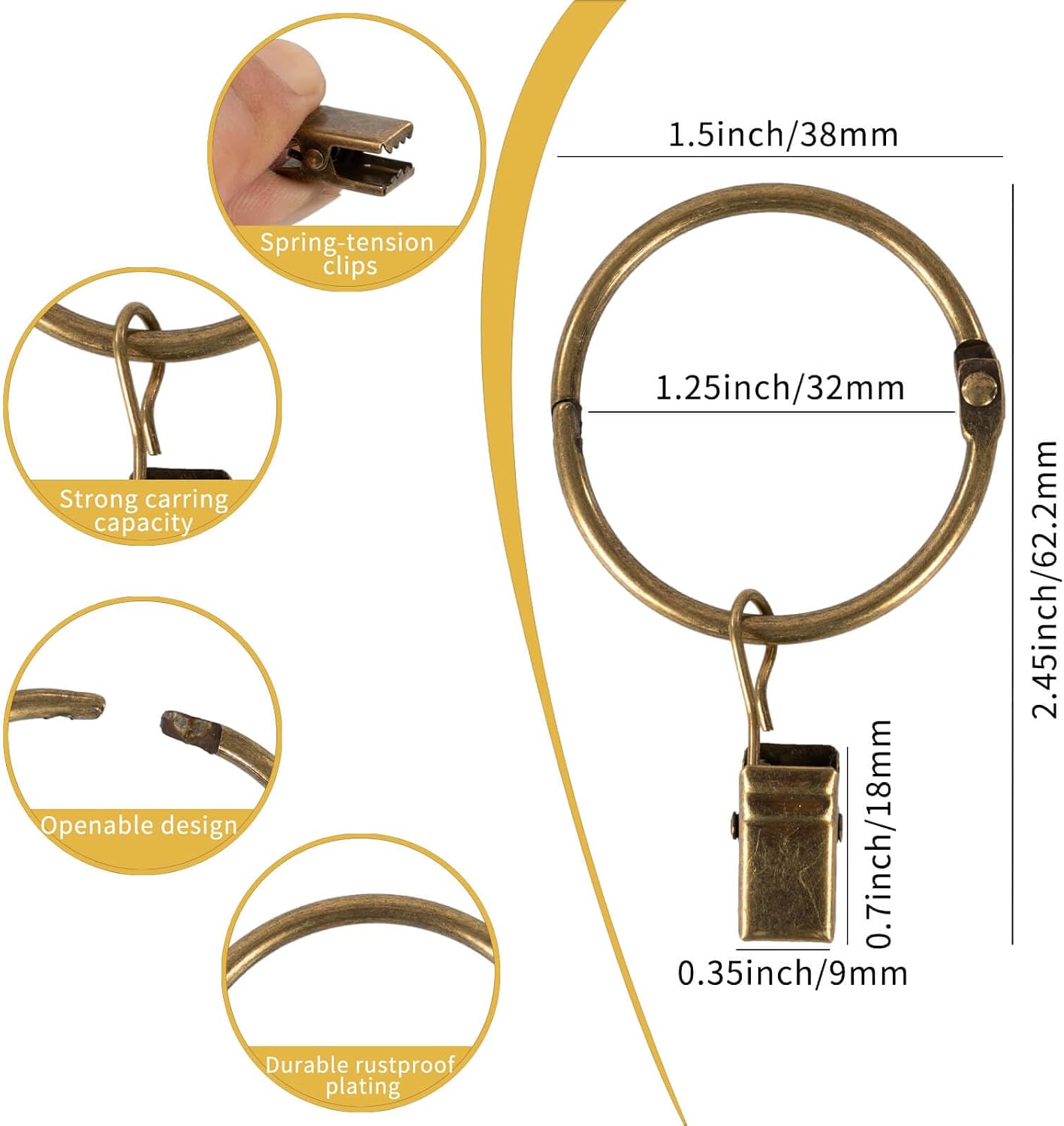 Openable Curtain Rings with Clips,1.25inch Inner Diameter,Heavy Duty Rustproof Metal Decorative Vintage Drapery Rings Curtain Clips Rod Hangers Door Curtain and Shower Curtain Rings Bronze Zocang image 2