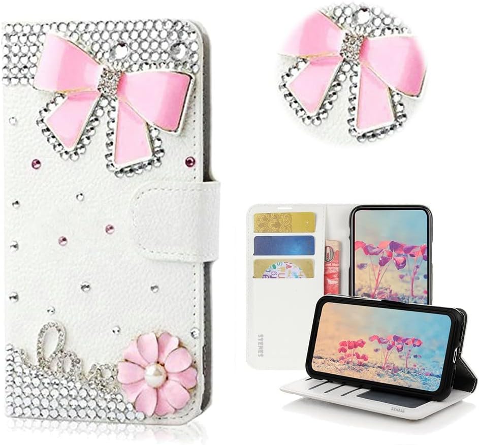 STENES Bling Wallet Phone Case Compatible with Google Pixel 4a 5G Case - Stylish - 3D Handmade Bowknot Flowers Design Leather Cover with Screen Protector & Cable Protector - Pink