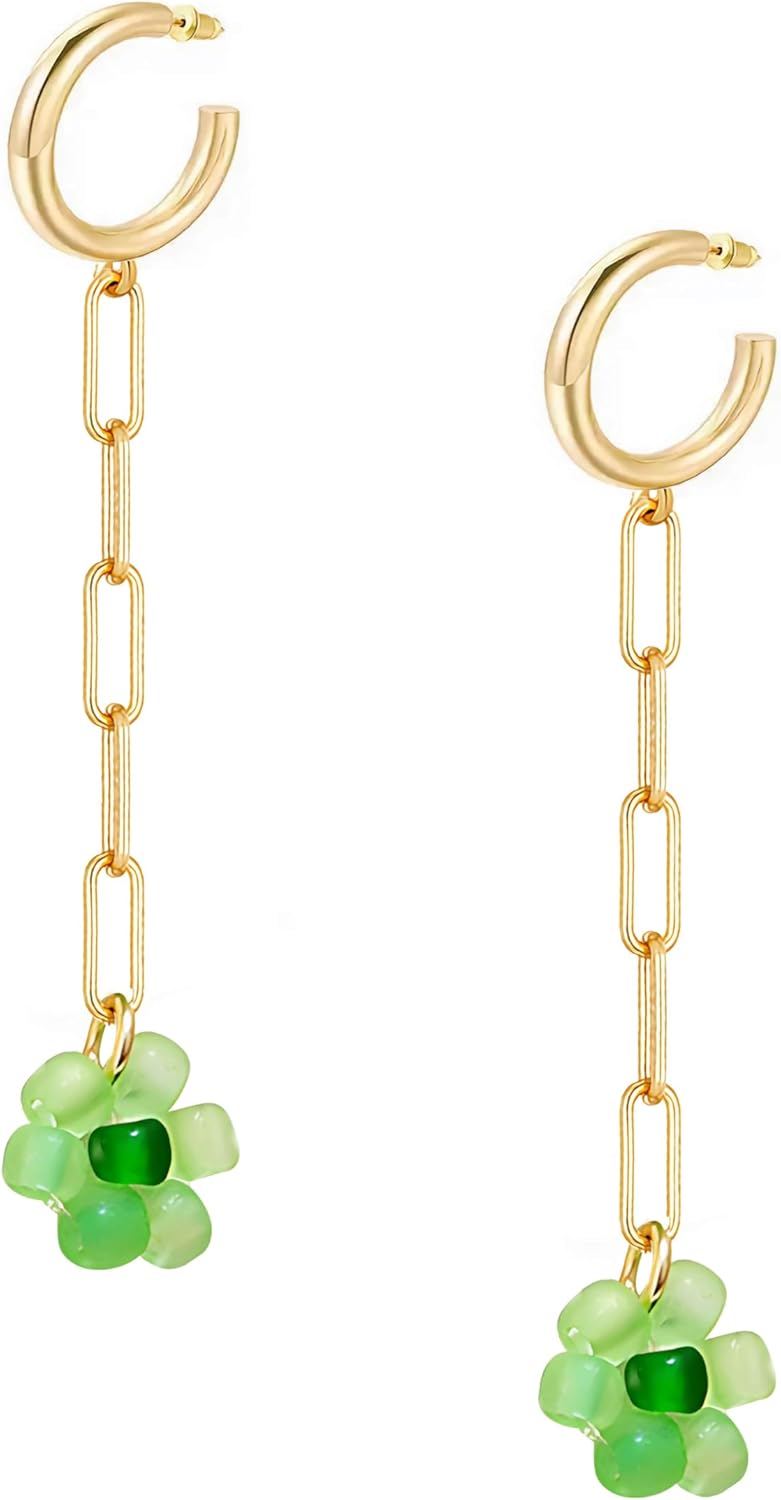 Green Flower Earrings for Women - Gold Stud, Hoop, and Dangle Statement Jewelry