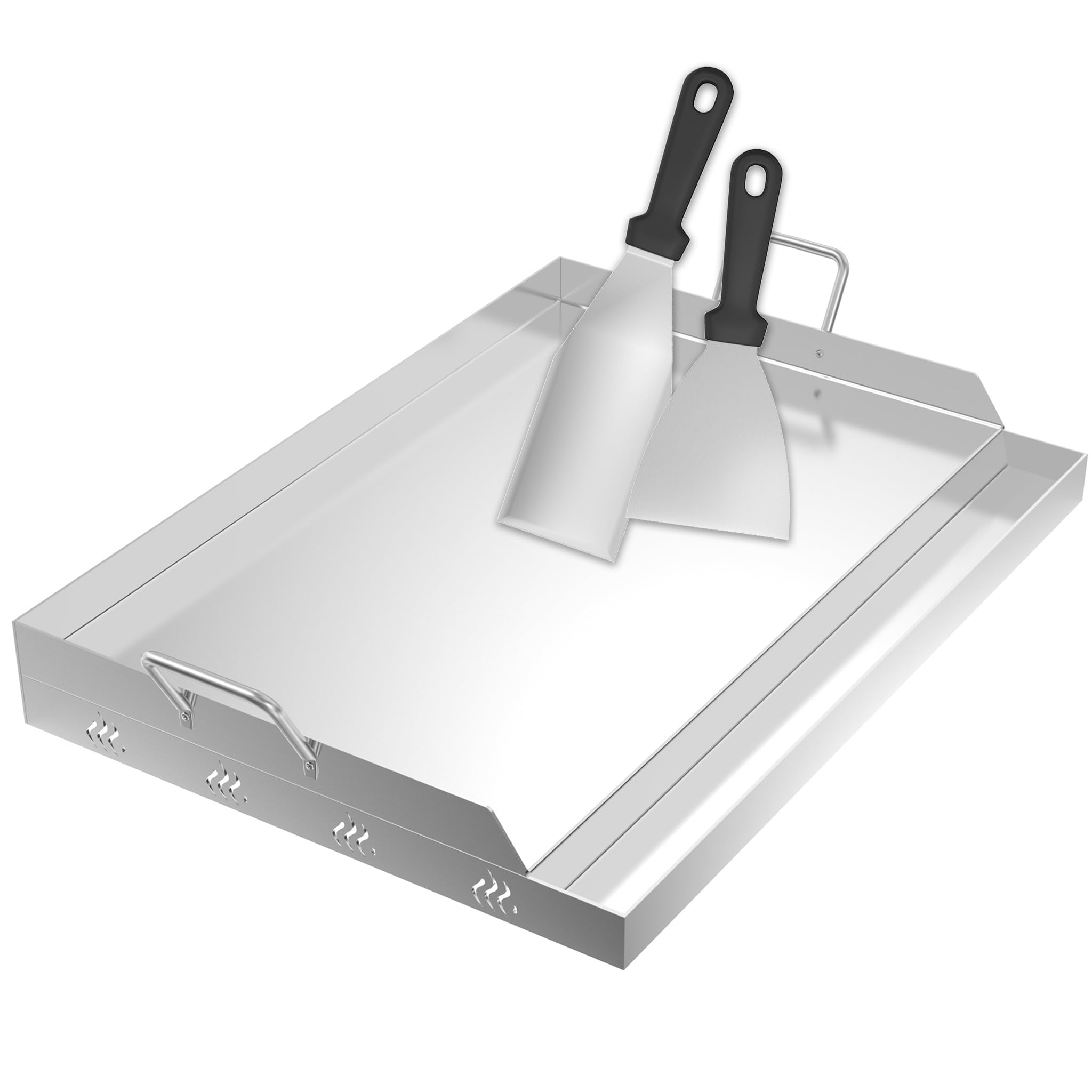 Płyty grillowe Plancha ze stali nierdzewnej, 54 x 32 x 7 cm, zestaw z uchwytem, pojemnikiem na tłuszcz i 2 szpatułkami do grilla, płyta paleniskowa, płyta griddla, do grilla gazowego, grilla