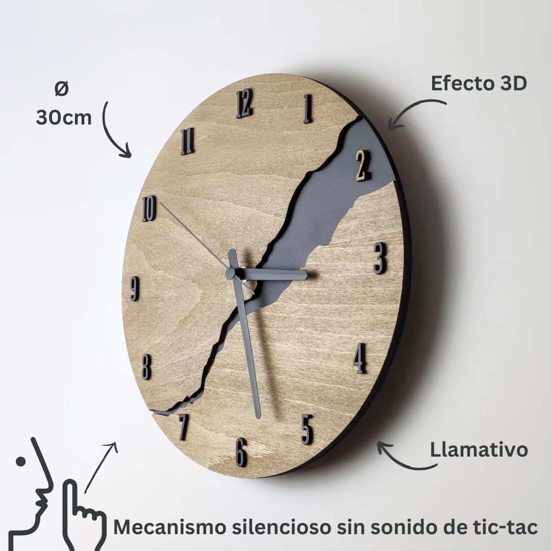 Reloj de Pared de Madera 30 cm – Reloj Silencioso Sin Tic TAC con Números – Reloj Moderno Decorativo para Salón Cocina Dormitorio y Oficina – Diseño Moderno