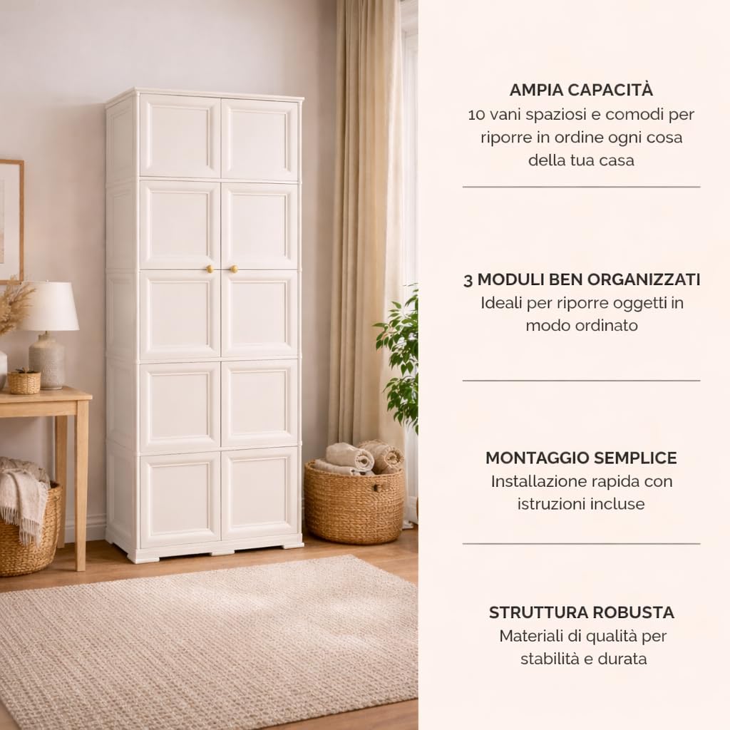 Armadio in Plastica 79 x 43 x 203 cm con 5 Moduli – Mobile Alto Contenitore Salvaspazio per Organizzazione Casa, Zona Living e Ingresso (Angora)