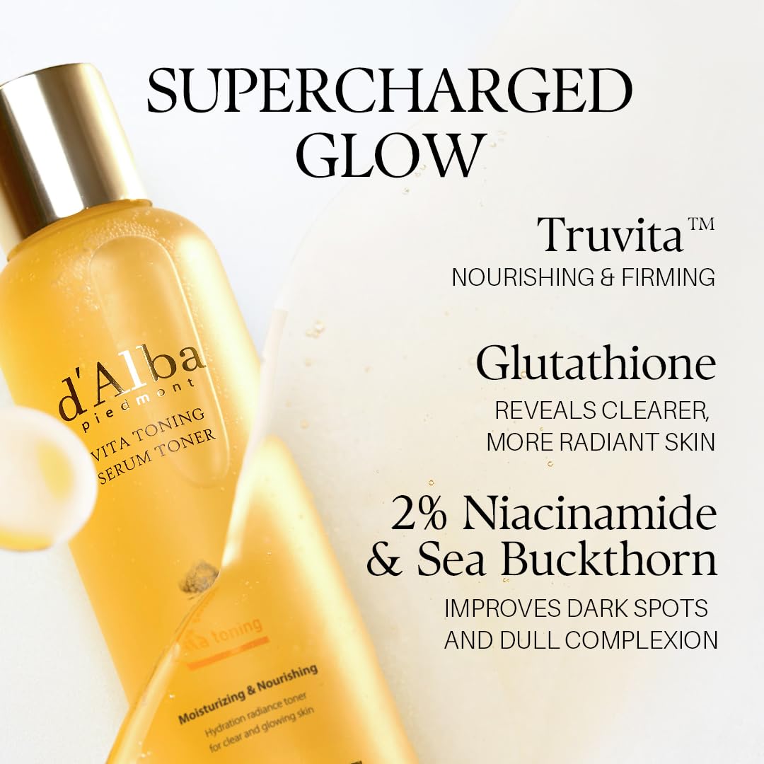 d'Alba Piedmont White Truffle Vita Toning Serum Toner, Pelle Effetto Vetro con Skincare a Doppie Vitamine, Idratante Viso (180ml)