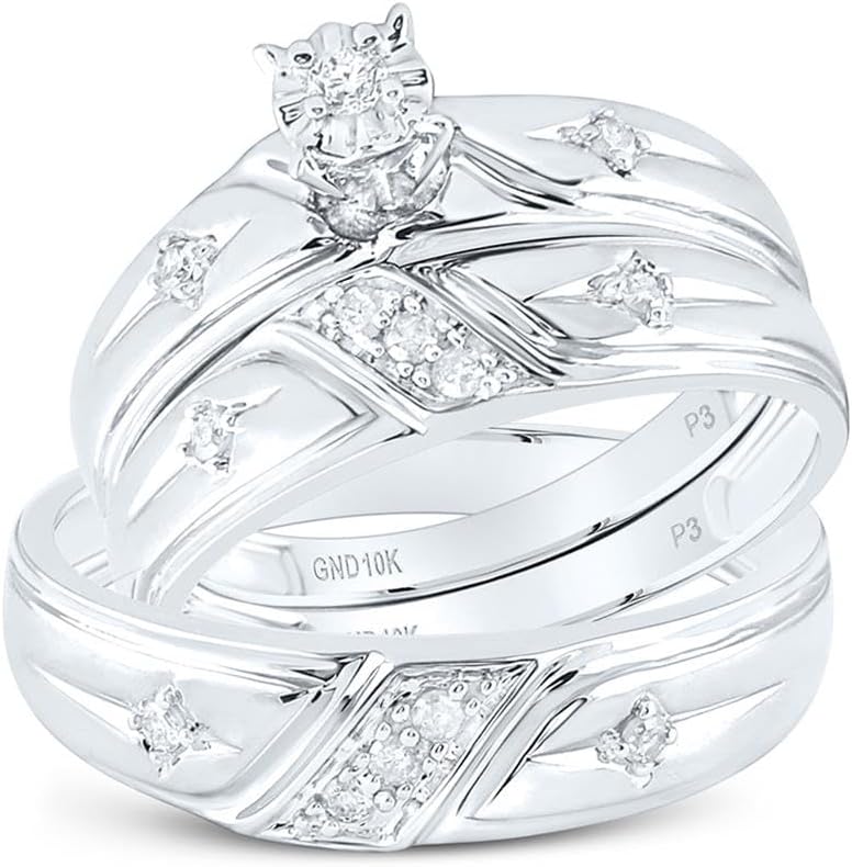 Jewels By Lux 10kt White Gold His & Hers Round Diamond Solitaire Cross Matching Bridal Wedding Ring Band Set 1/6 Cttw, Womens Size 5-9, Mens Size 8-12