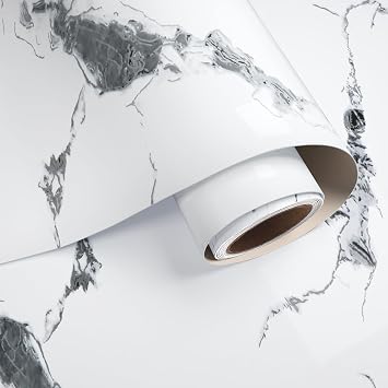 VaryPaper Glossy Grey White Marble Contact Paper for Countertops Waterproof Kitchen Countertop Peel and Stick Marble Wallpaper for Bathroom Wall Marble Vinyl Wrap for Cabinets Desk Table 15.7x78.7