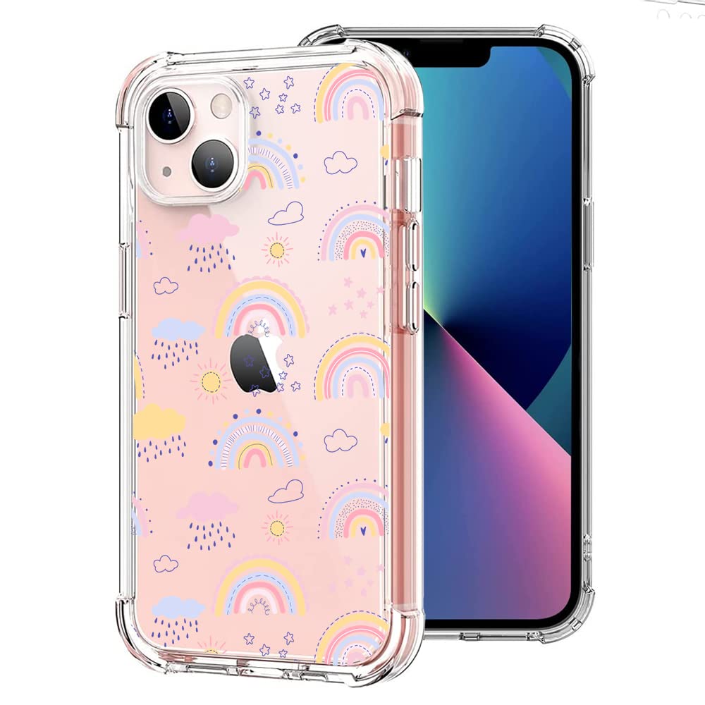 iPhone 13 Case Clear with Embossed Pattern Designed, Cute Crystal Shockproof Protective Soft TPU Bumper Women Girls Phone Cover for iPhone 13 (6.1 Inch) - 2021 Released (Rainbow Sun Rain/Pink)