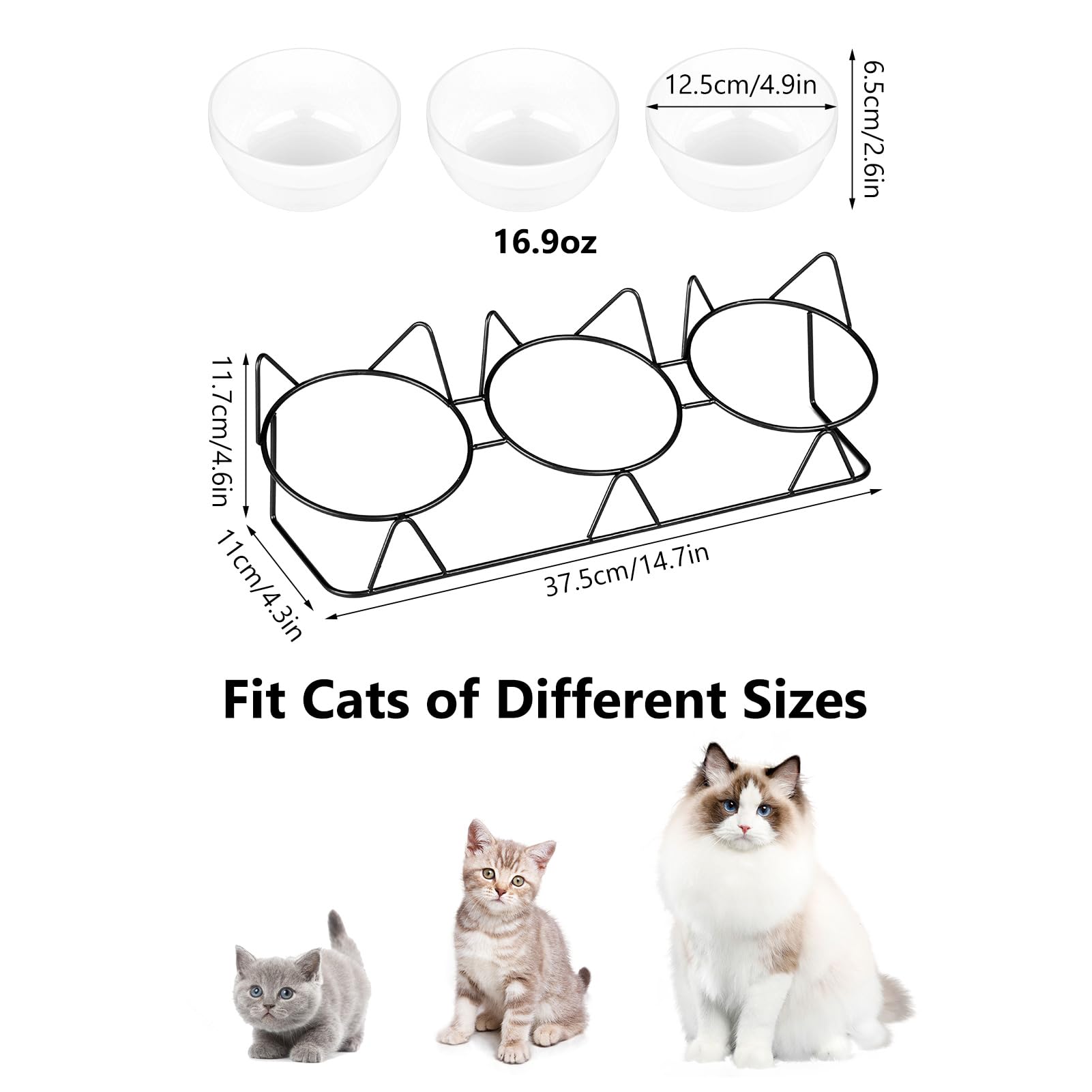 Yamitora Katzen Napf 3er Set,Katzen Futternapf Erhöht Keramik Einzeln mit Unterlage Hunde Erhöhter Katzenschale Fressnapf Katze Porzellan Futter und Wasserspender Katzen Napfset Edelstahl(Schwarz)