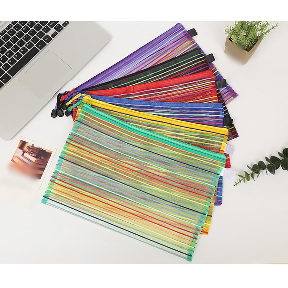 JIHUOO 6 Pcs A4 Plastic Zipper Wallets Rainbow Mesh Pouches with Zip Wallets Zipped Document Folders Colorful Stationery File Storage Holders - Image 3