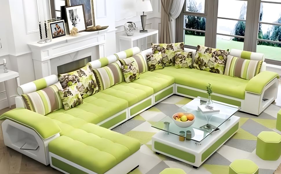 Image of Brown Maple U-Shape Sectional Sofa Set for Home | 10-Seater Fabric Sofa with Tea Table & 4 Puffy | Spacious Seating for 14 Persons | Pre-Assembled, Modern Comfort Design(Green)