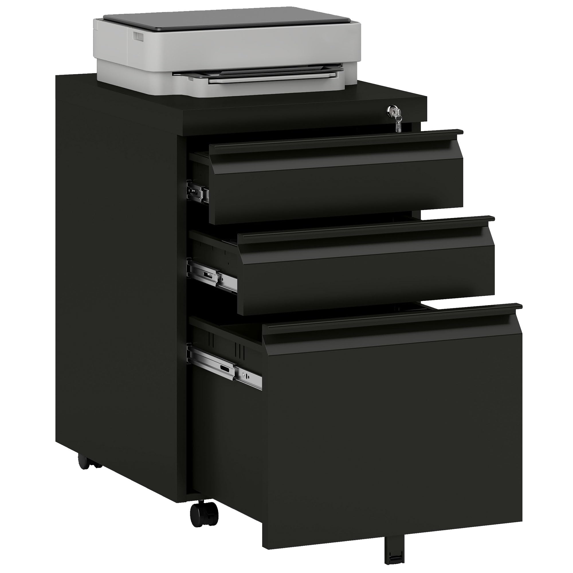HOMCOM Rollcontainer mit 3 Schubladen, abschließbar, 39 x 48 x 60 cm, Schwarz