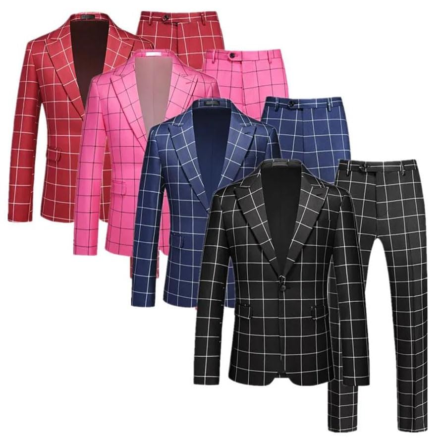 Men Plaid Business Social Suit 2 Piece Wedding Tuxedo Single Breasted Blazer Set2