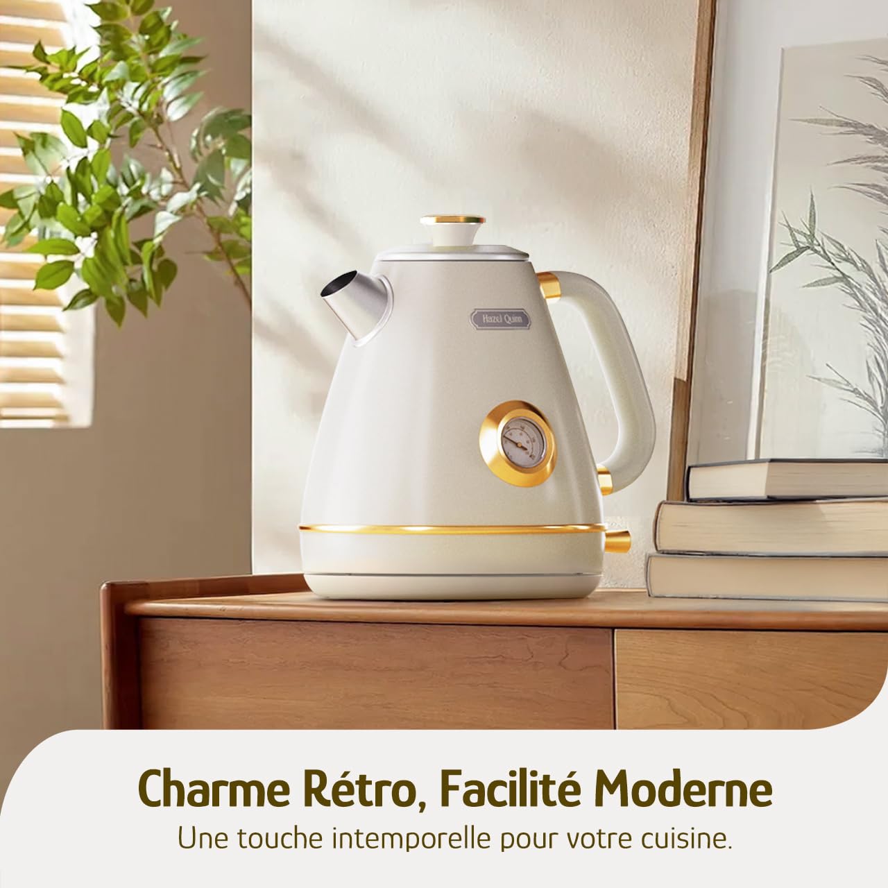 Hazel Quinn Bouilloire Électrique Rétro avec Thermomètre, Entièrement en Acier Inoxydable sans Plastique, Bouilloire Sans Fil, Arrêt Automatique, 2200 W, 1,7 L, Sans BPA, Vintage Design, Blanc Perle