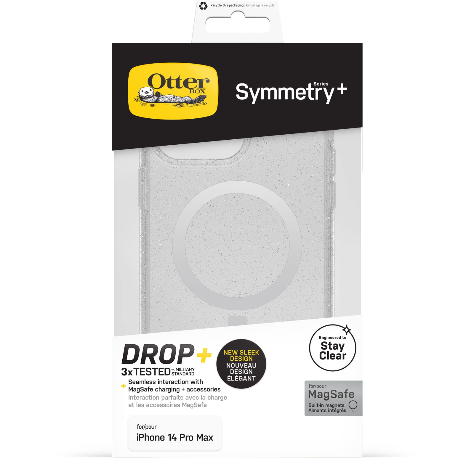 OtterBox Cover per iPhone 14 Pro Max Symmetry+ Clear per MagSafe, resistente a shock e cadute, sottile, testata 3x norme MIL-STD 810G, protezione antimicrobica, Stardust