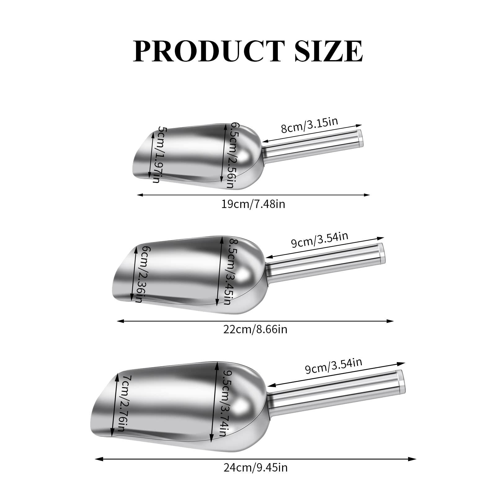 3 × Paletta per Ghiaccio in Acciaio Inox, Paletta Cibo Cucchiaini Multiuso, per per Cucine, Bar, Buffet, Cereali, Farina, Grano, Cibo per Gatti, Cibo per Cani