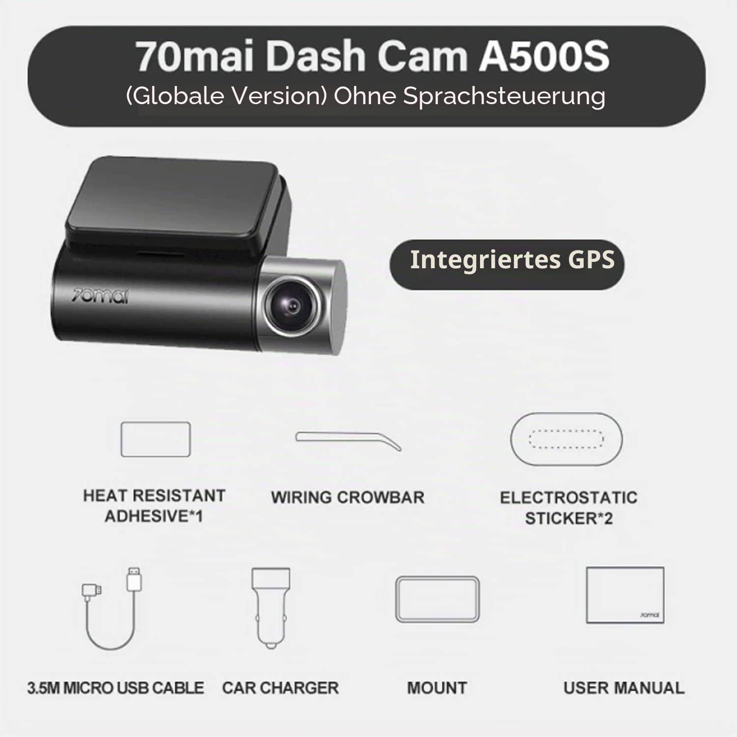 Dashcam 70MAI A500s Pro+ 1944P | Dash cam 140 ° 2" | Camera Auto mit GPS | Kamera WDR & G-Sensor & ADAS | Unterstützt 128GB | Möglichen Parküberwachung & Loop-Aufnahme | Auto Zubehör - Cam 70mai