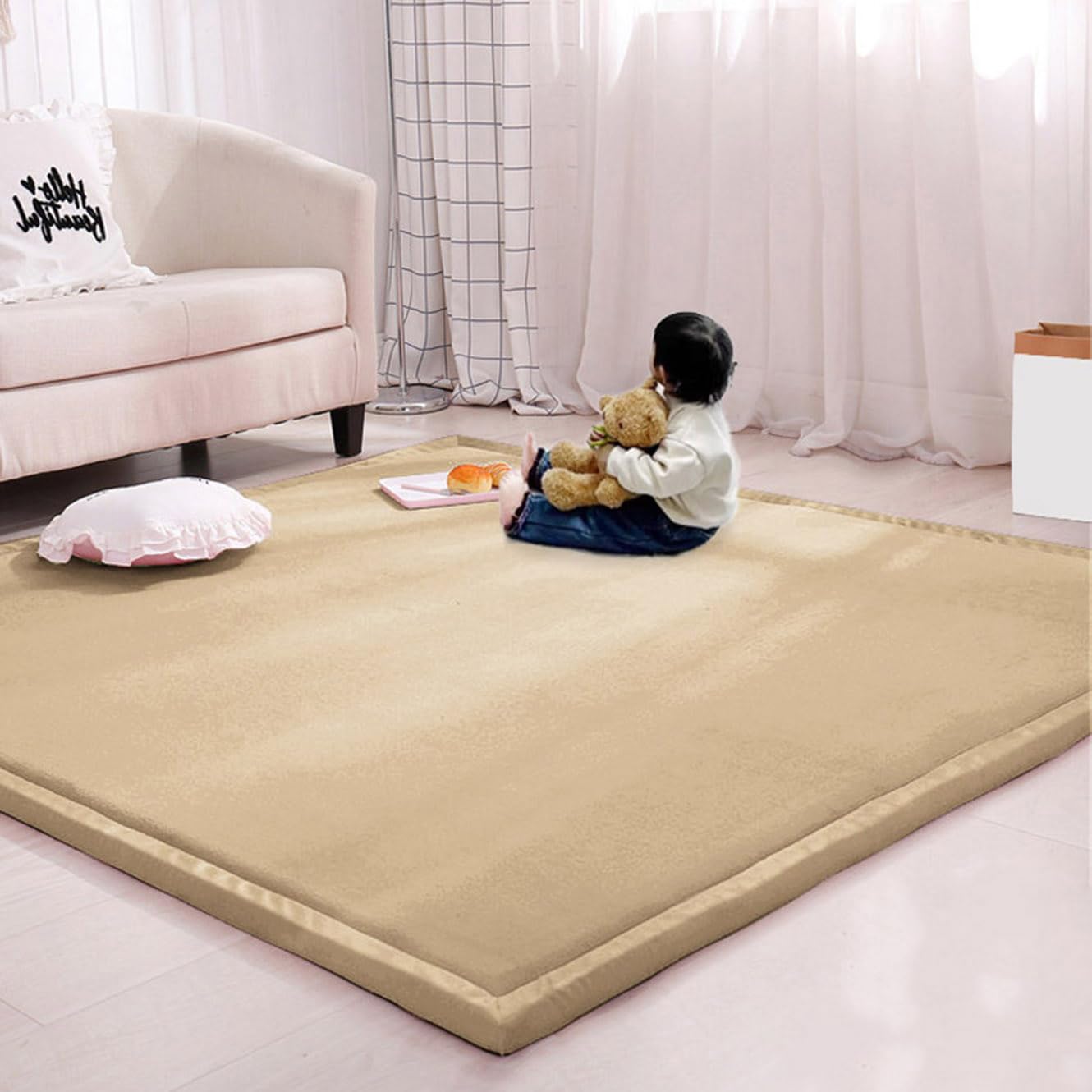 Rr tianshi Large Area Rug Crawling Play Mat,Soft Coral Velvet Children Study Carpet Play Mat Non-slip Tatami Yoga Mat for Living Room Bedroom (45 * 45cm,Beige)