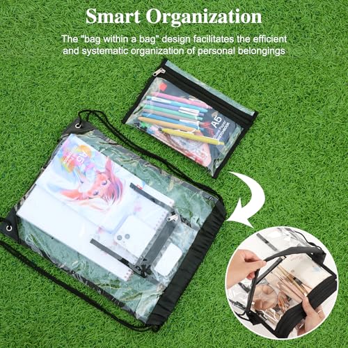 Clear Drawstring Bags, Transparent Storage Backpack for Stadium Approved,2 pieces, Concert Baseball Festival Beach Makeup Bag (1, Black)4