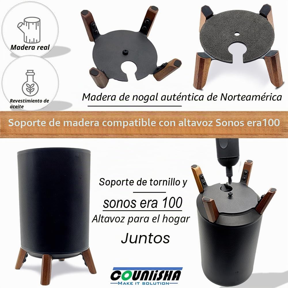 Soporte de madera real compatible con altavoz Sonos Era 100, trípode de escritorio para un mejor sonido del altavoz, soporte de madera estable y resistente para altavoz inteligente Sonos Era100 Alexa