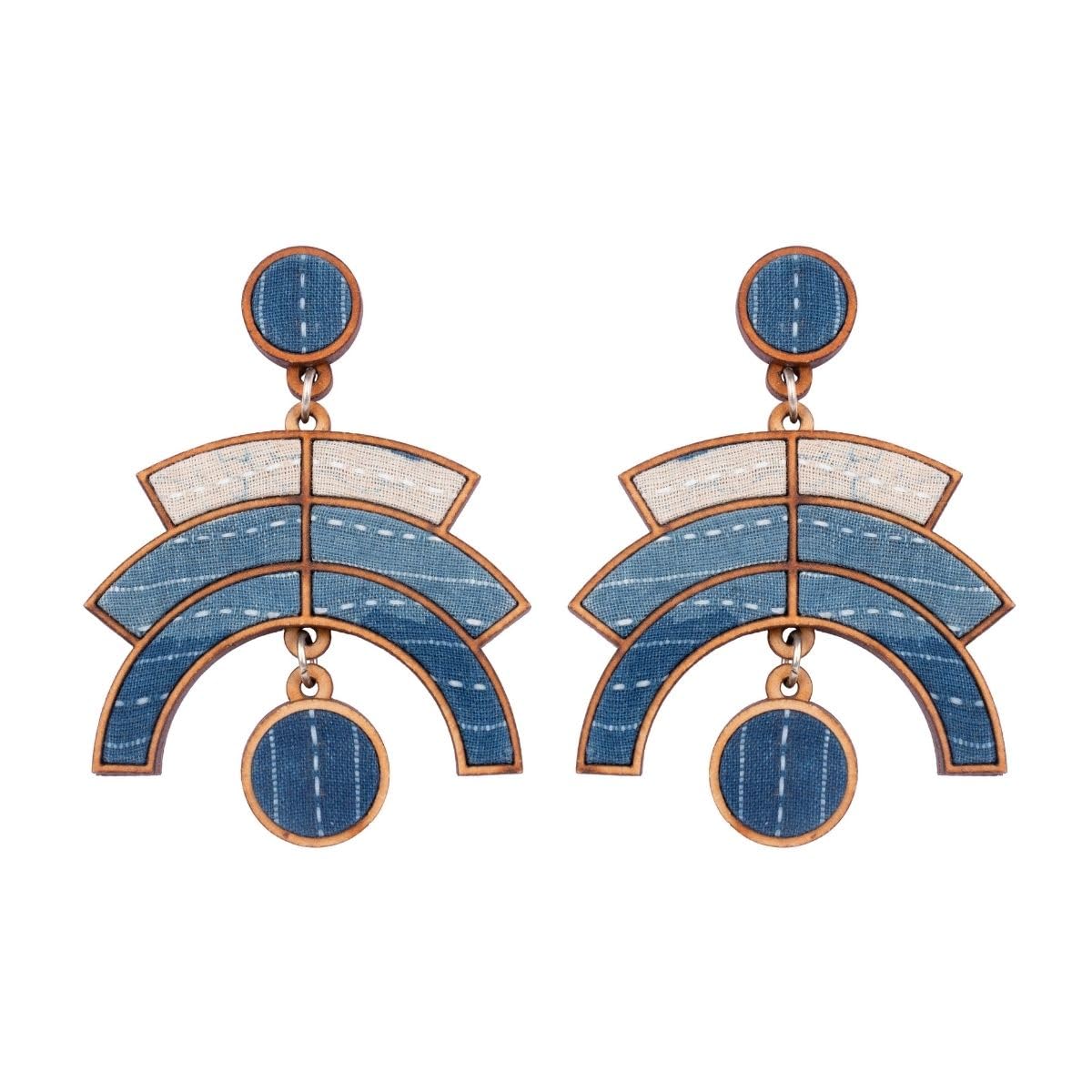 Shade of Indigo Blue Arch Repurposed Fabric and Wood Earrings-image-44