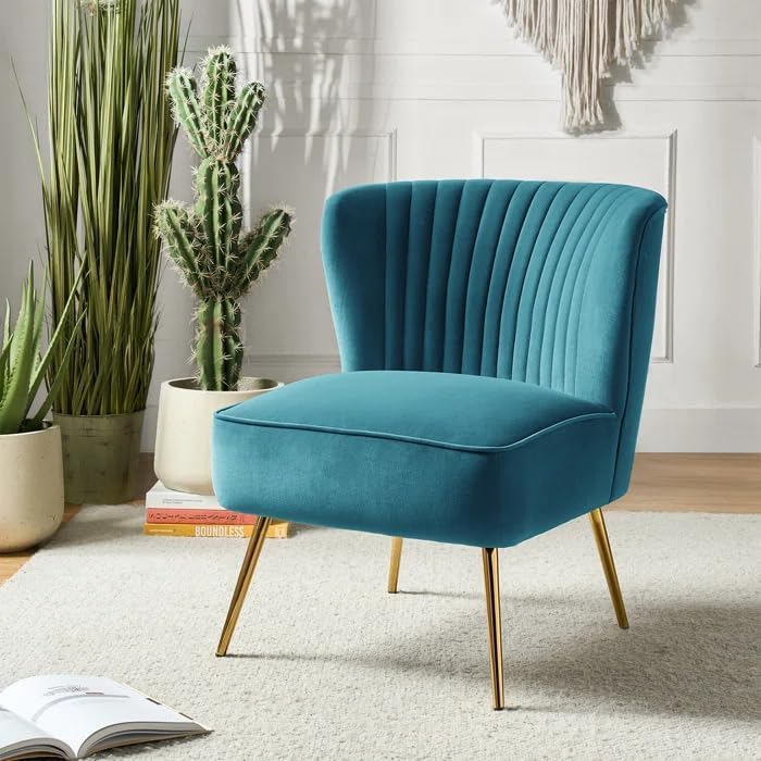 Image of Modern Upholstered Accent Velvet Chair Single Seater Channel Tufted Wing Back Chair with Golden Matel Legs for Living Room, Bedroom, Dining Room, Blue