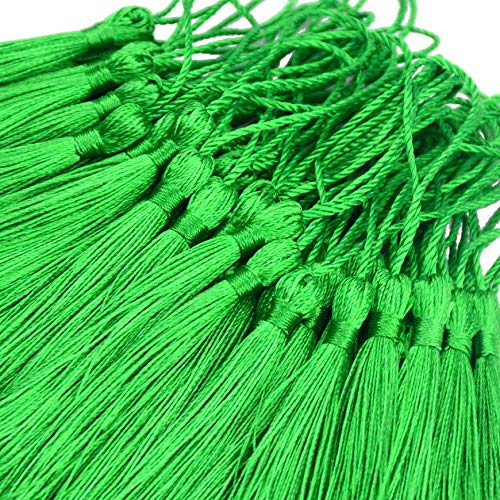 Image of 100pcs 13cm /5 Inch Silky Floss Bookmark Tassels with 2-Inch Cord Loop and Small Chinese Knot for Jewelry Making, Souvenir, Bookmarks, DIY Craft Accessory (Green)